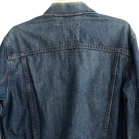 Levis Slim Trucker Jean Jacket Size L Y2k Red Tab Distressed Dark Wash Denim - Picture 6 of 14
